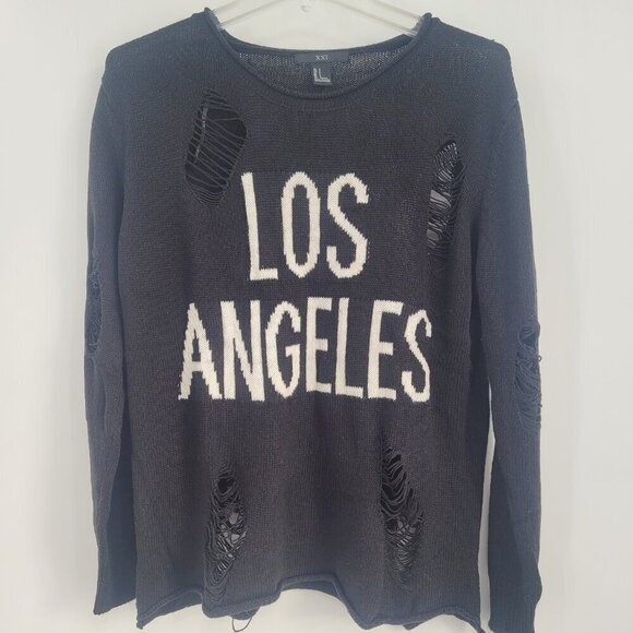 XXI Black Graphic Distressed Los Angeles Sweater - Picture 1 of 10
